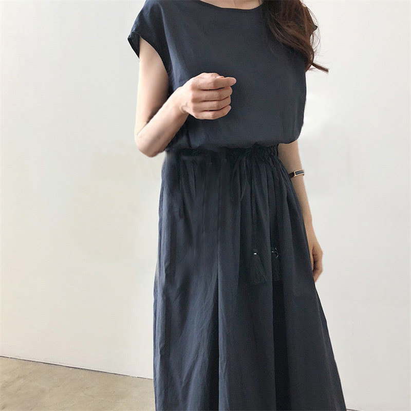Casual Eastic Waist Drawstring Design Short Sleeve Cotton Linen Midi Dress