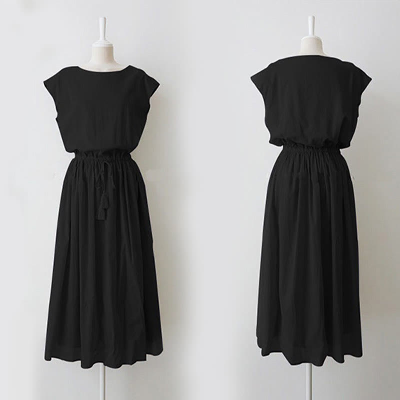 Casual Eastic Waist Drawstring Design Short Sleeve Cotton Linen Midi Dress