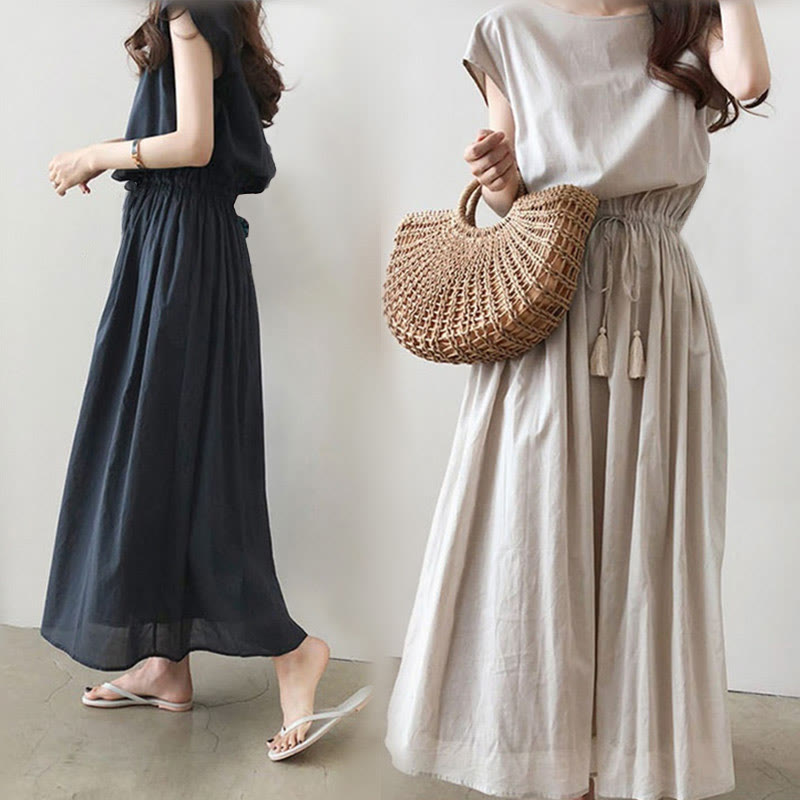 Casual Eastic Waist Drawstring Design Short Sleeve Cotton Linen Midi Dress