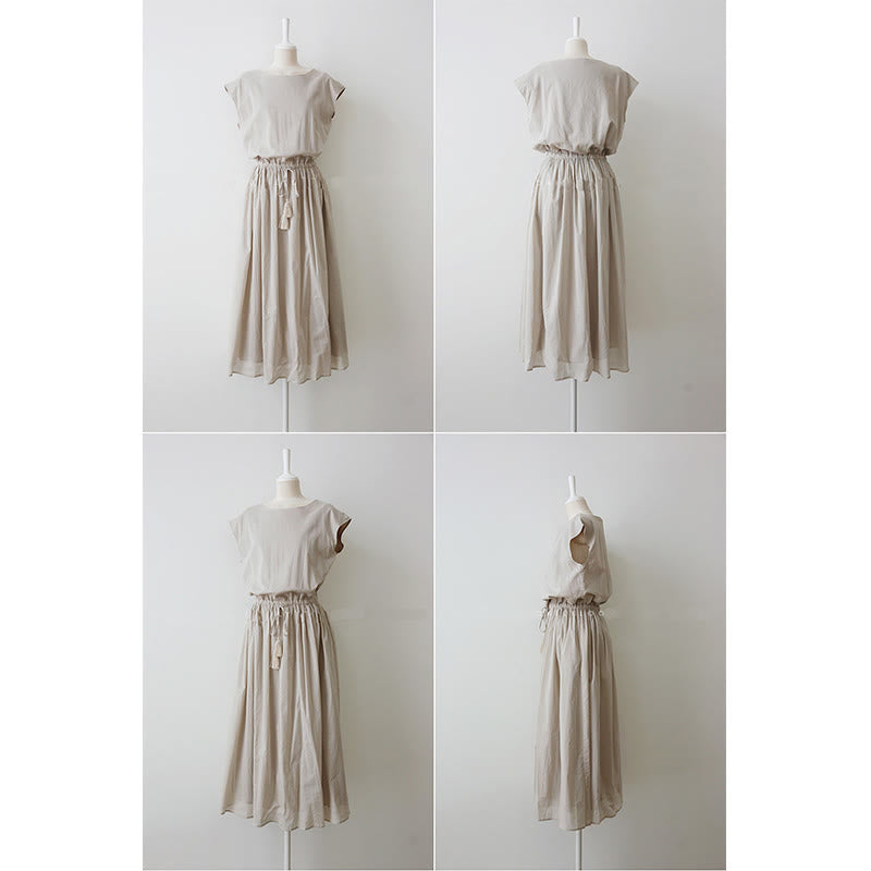 Casual Eastic Waist Drawstring Design Short Sleeve Cotton Linen Midi Dress