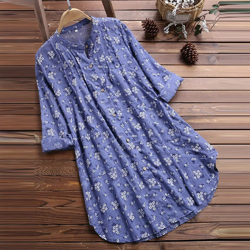 Lightweight Cotton Stand-Collar Floral Meditation Shirt