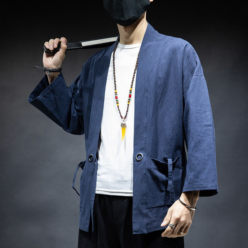 Solid Color Lace-up Open Front Jacket Cotton Men's Kimono