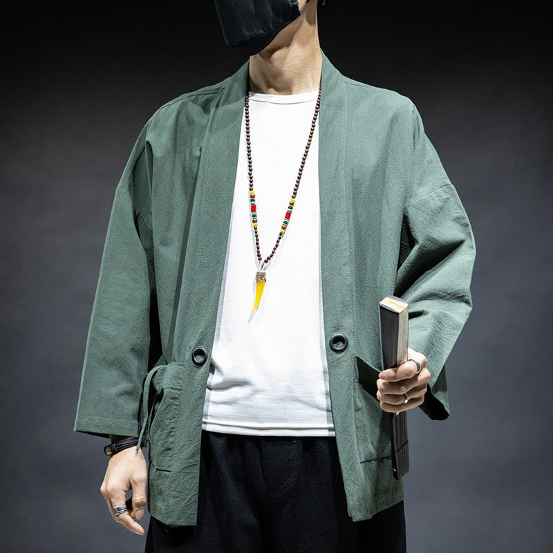 Solid Color Lace-up Open Front Jacket Cotton Men's Kimono