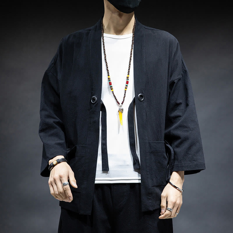 Solid Color Lace-up Open Front Jacket Cotton Men's Kimono
