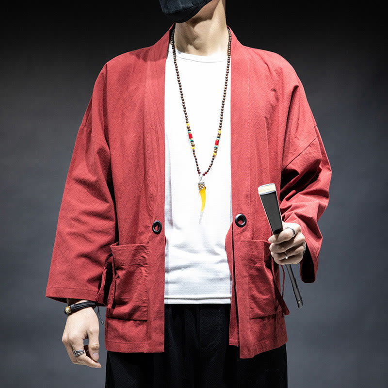 Solid Color Lace-up Open Front Jacket Cotton Men's Kimono