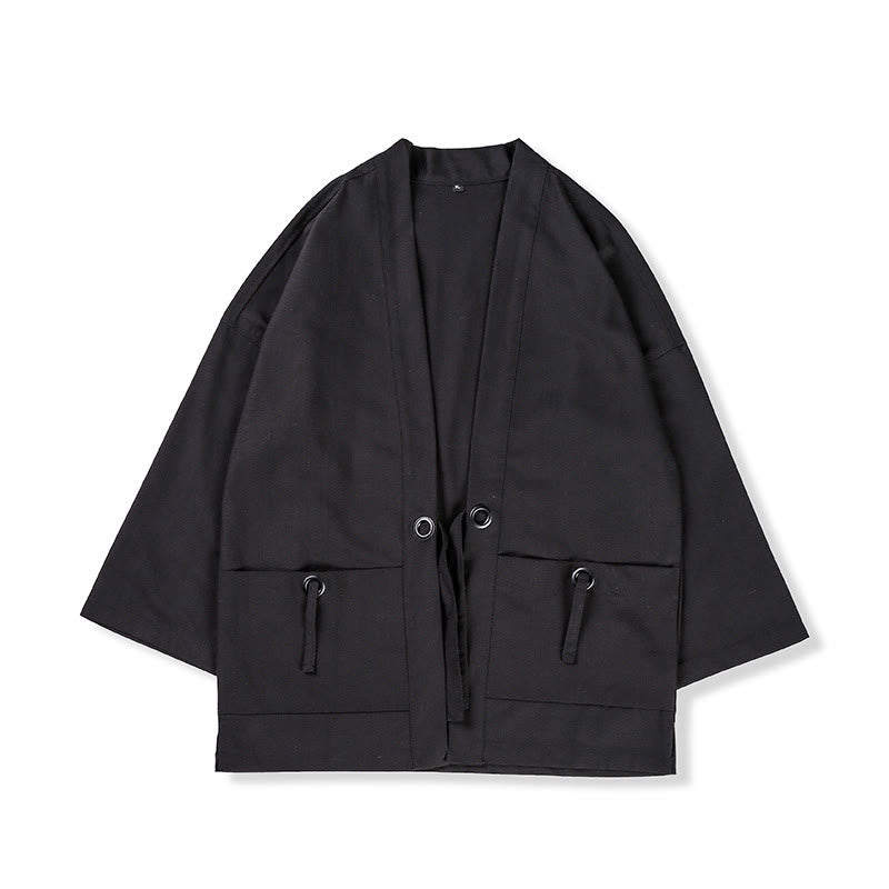 Solid Color Lace-up Open Front Jacket Cotton Men's Kimono