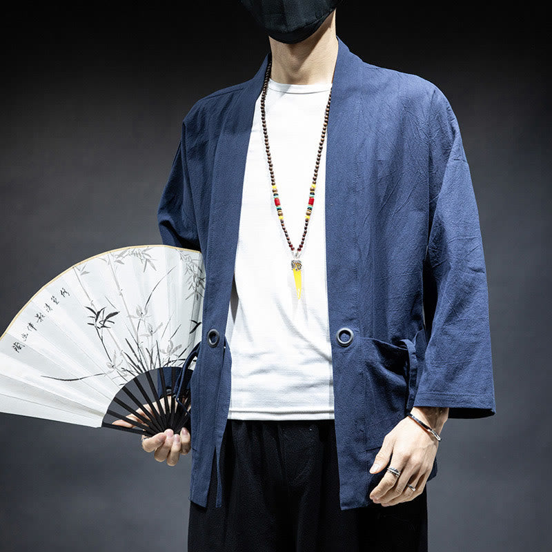 Solid Color Lace-up Open Front Jacket Cotton Men's Kimono