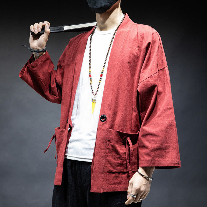 Solid Color Lace-up Open Front Jacket Cotton Men's Kimono