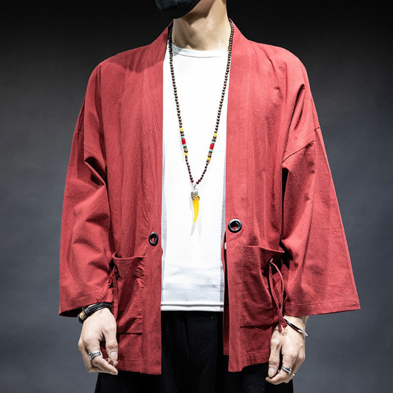 Solid Color Lace-up Open Front Jacket Cotton Men's Kimono