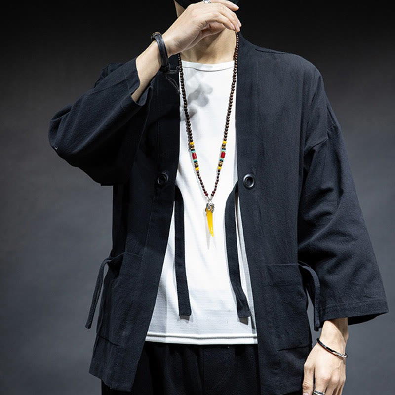 Solid Color Lace-up Open Front Jacket Cotton Men's Kimono