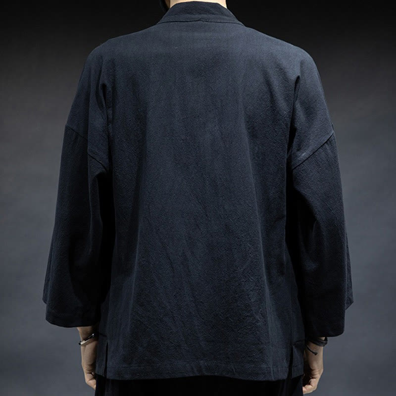 Solid Color Lace-up Open Front Jacket Cotton Men's Kimono