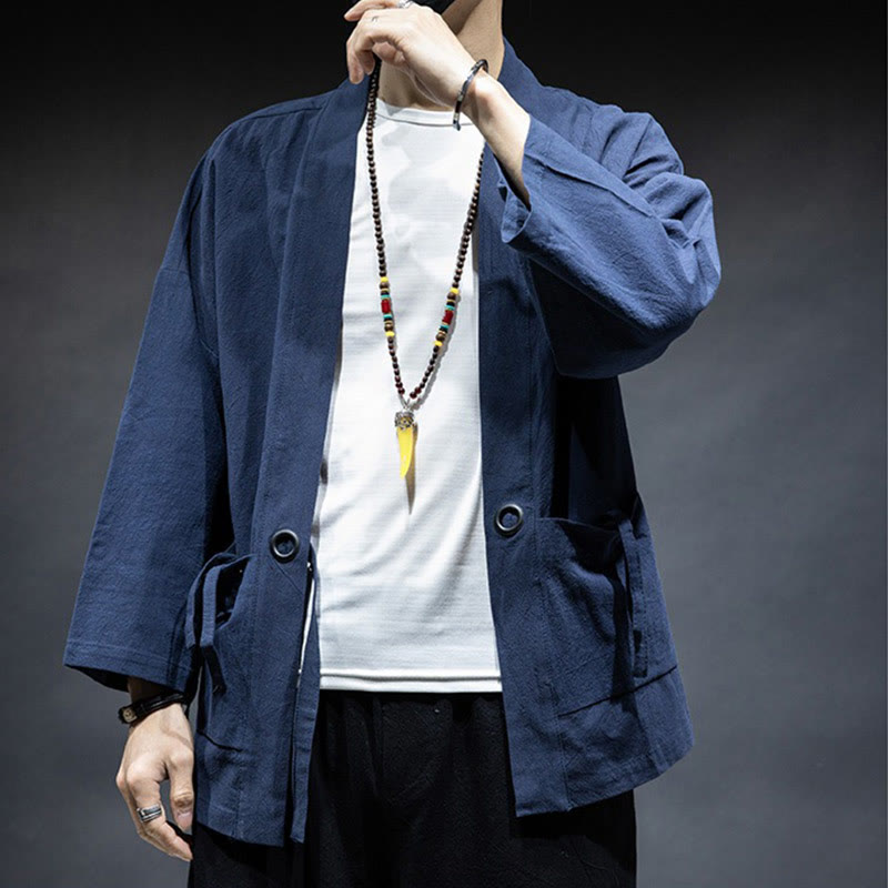 Solid Color Lace-up Open Front Jacket Cotton Men's Kimono