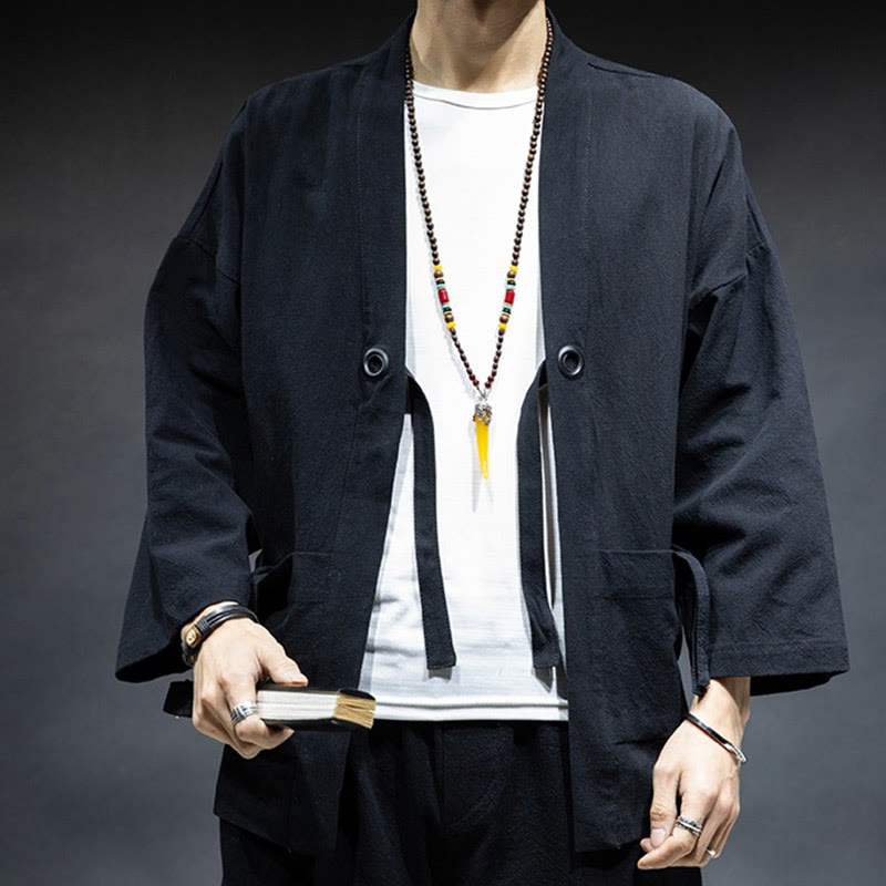 Solid Color Lace-up Open Front Jacket Cotton Men's Kimono