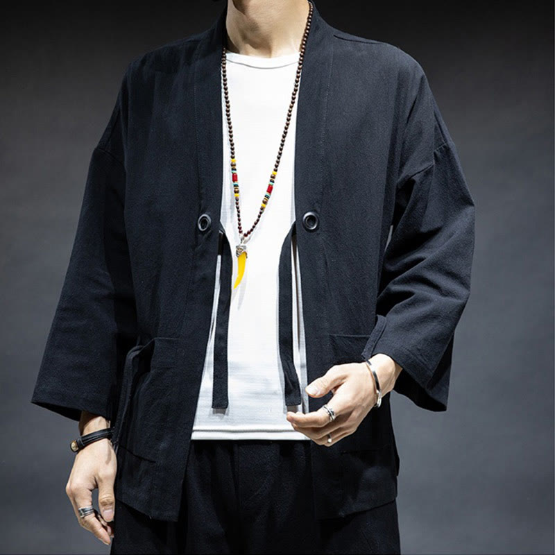 Solid Color Lace-up Open Front Jacket Cotton Men's Kimono
