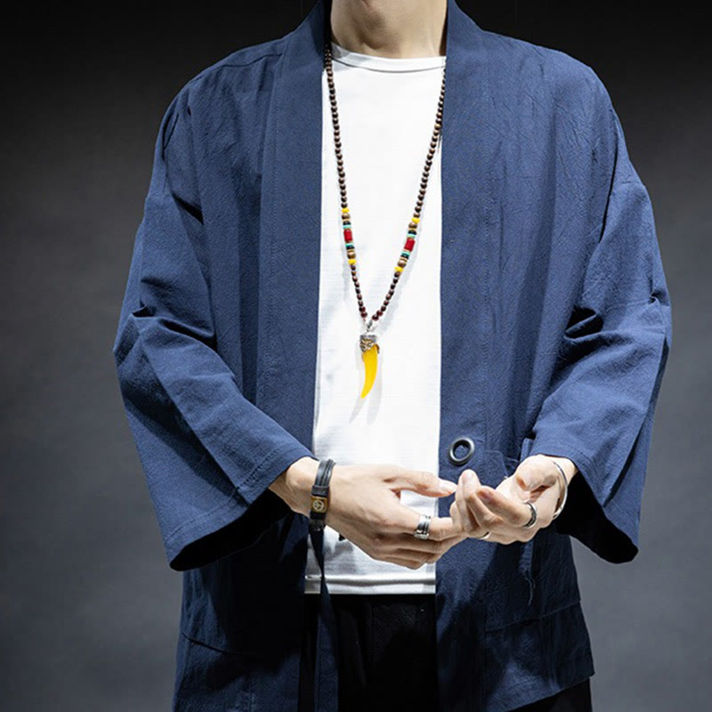 Solid Color Lace-up Open Front Jacket Cotton Men's Kimono