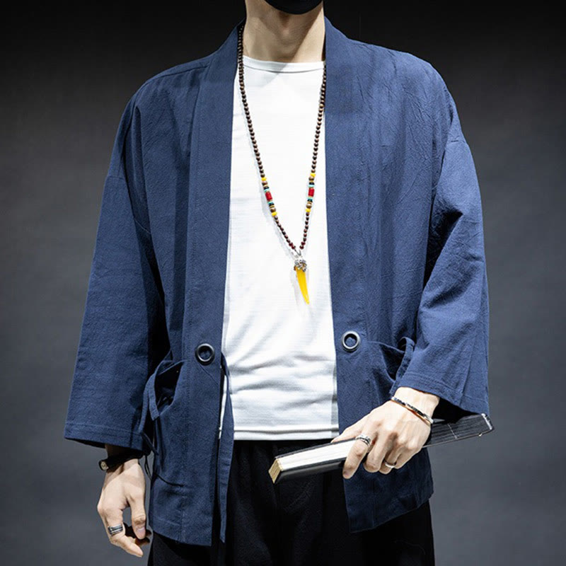 Solid Color Lace-up Open Front Jacket Cotton Men's Kimono