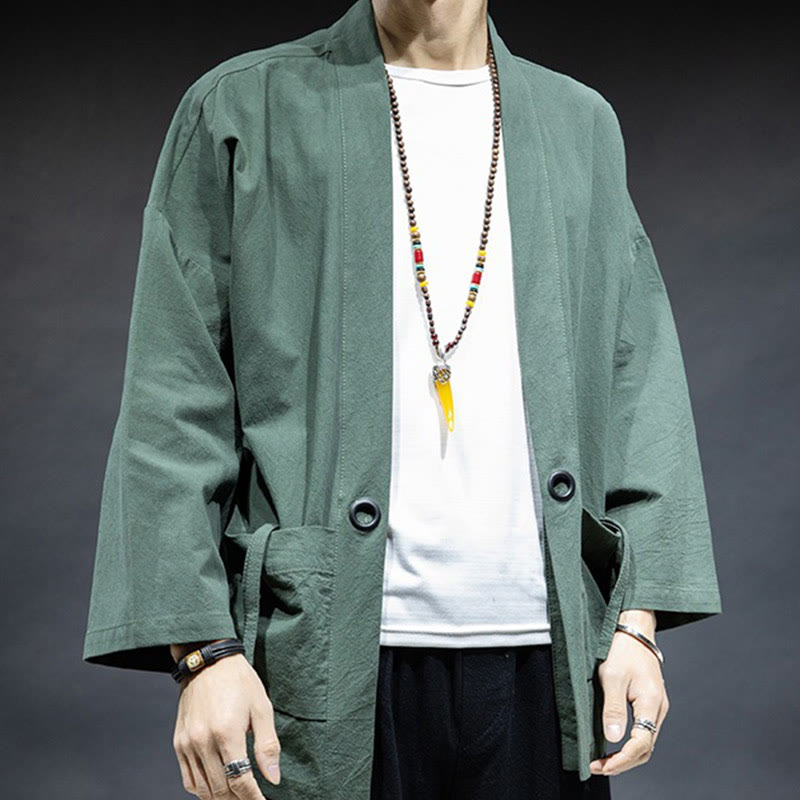 Solid Color Lace-up Open Front Jacket Cotton Men's Kimono