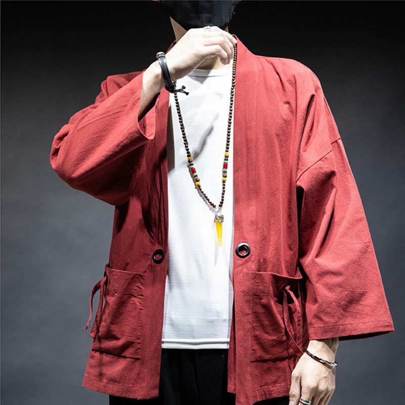 Solid Color Lace-up Open Front Jacket Cotton Men's Kimono