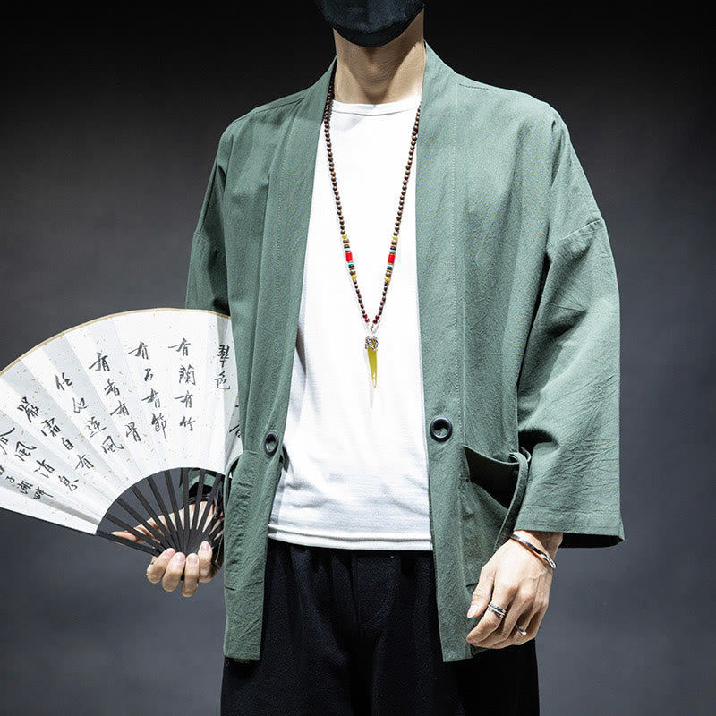 Solid Color Lace-up Open Front Jacket Cotton Men's Kimono