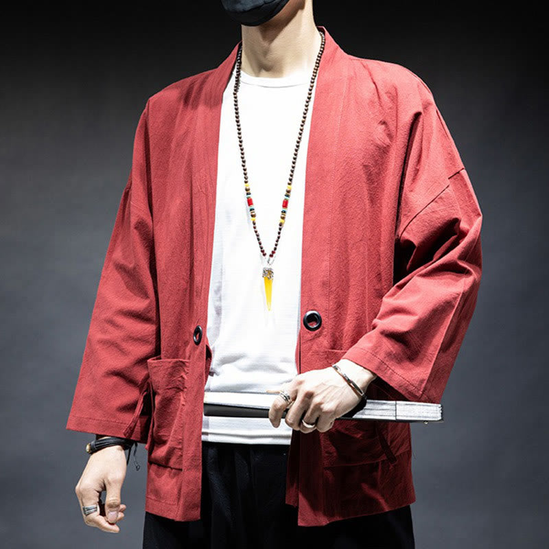 Solid Color Lace-up Open Front Jacket Cotton Men's Kimono