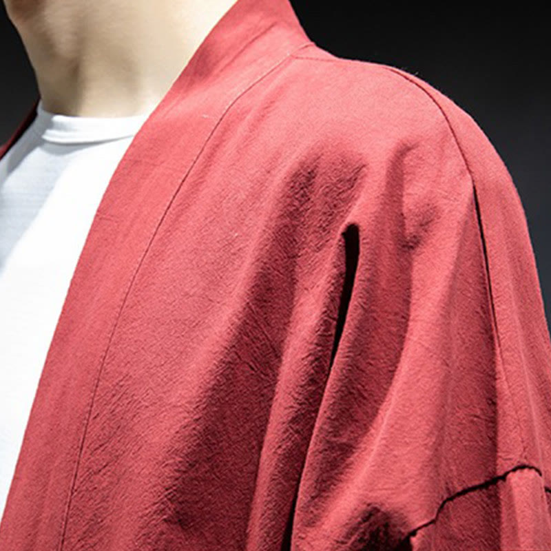 Solid Color Lace-up Open Front Jacket Cotton Men's Kimono