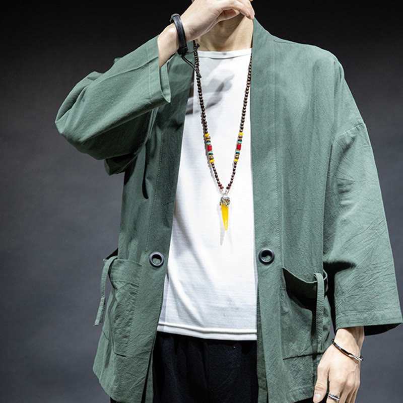 Solid Color Lace-up Open Front Jacket Cotton Men's Kimono