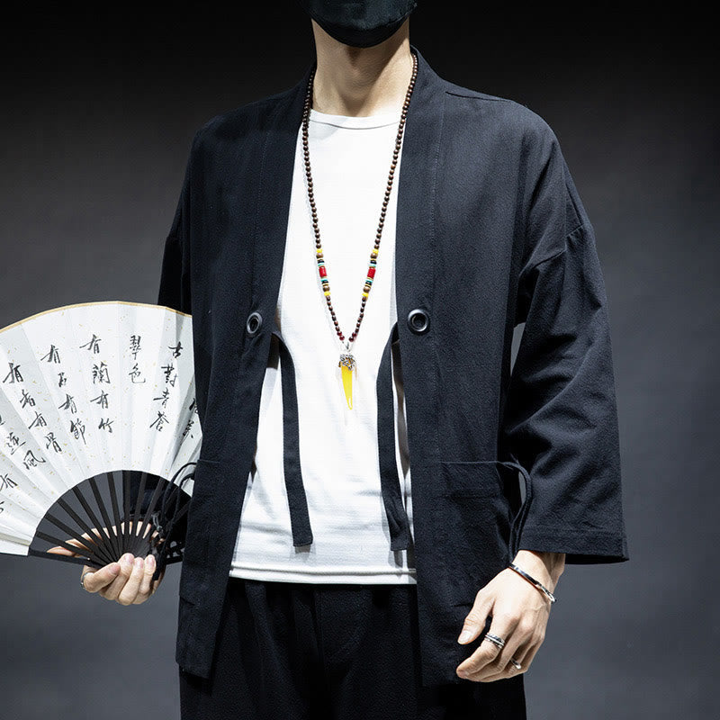 Solid Color Lace-up Open Front Jacket Cotton Men's Kimono