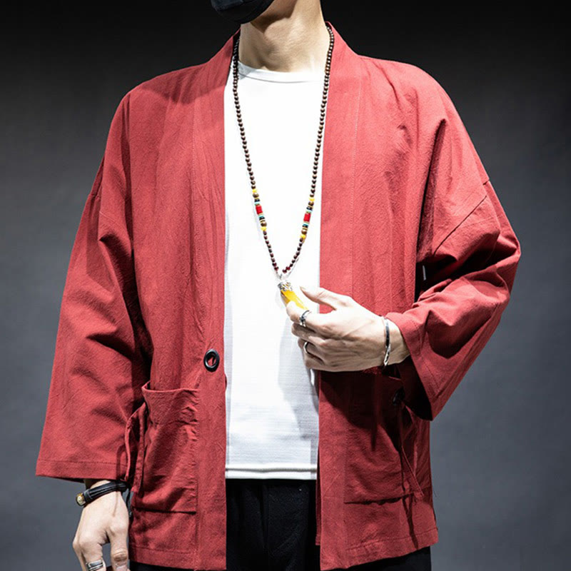 Solid Color Lace-up Open Front Jacket Cotton Men's Kimono