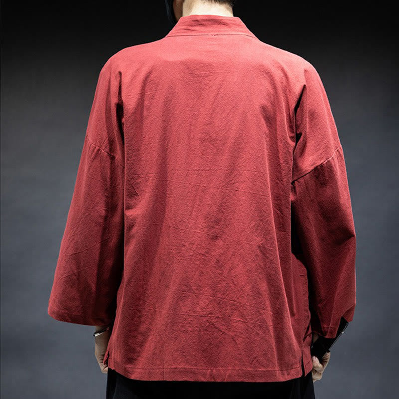 Solid Color Lace-up Open Front Jacket Cotton Men's Kimono