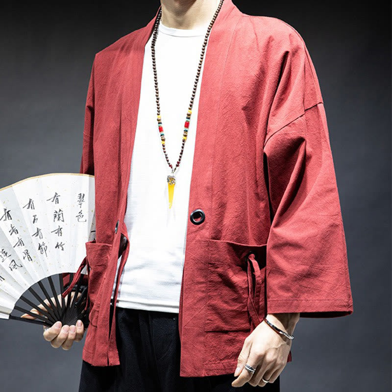 Solid Color Lace-up Open Front Jacket Cotton Men's Kimono