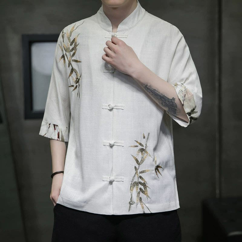 Men's Frog-Button Bamboo Linen Half Sleeve Shirt