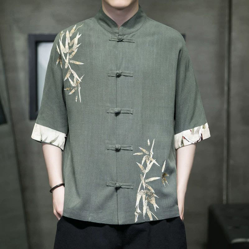 Men's Frog-Button Bamboo Linen Half Sleeve Shirt