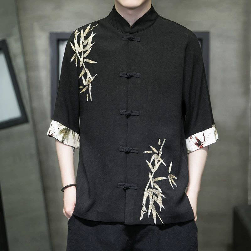 Men's Frog-Button Bamboo Linen Half Sleeve Shirt