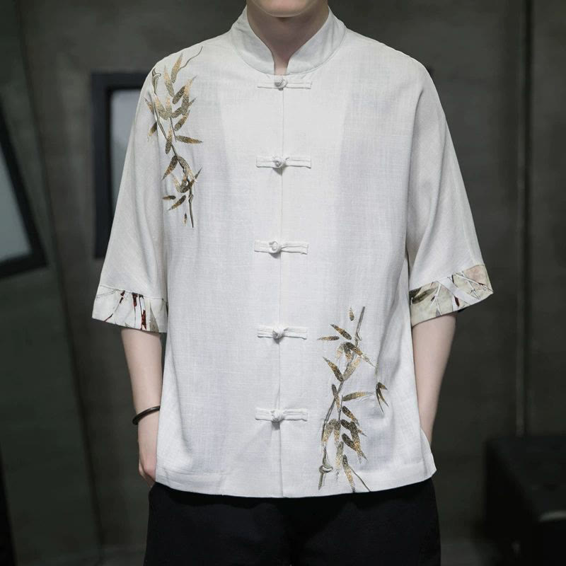 Men's Frog-Button Bamboo Linen Half Sleeve Shirt