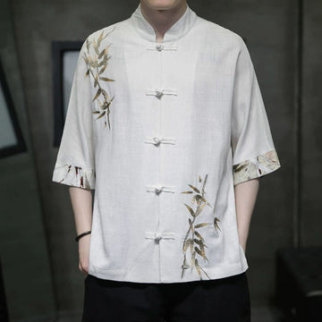 Men's Frog-Button Bamboo Linen Half Sleeve Shirt