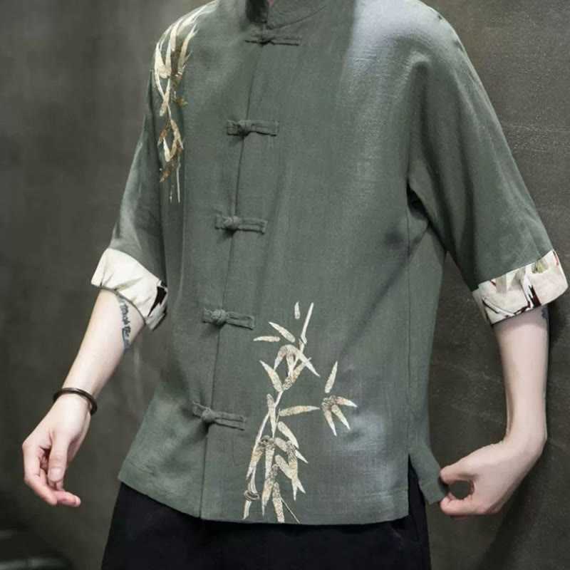 Men's Frog-Button Bamboo Linen Half Sleeve Shirt