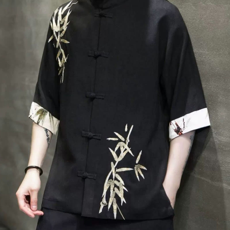 Men's Frog-Button Bamboo Linen Half Sleeve Shirt