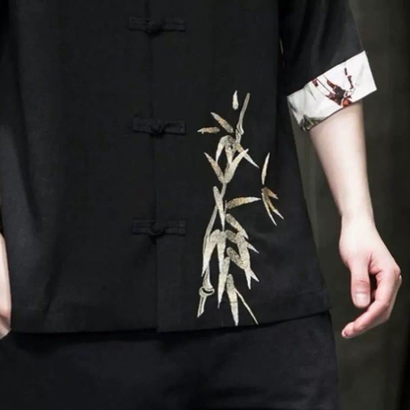 Men's Frog-Button Bamboo Linen Half Sleeve Shirt