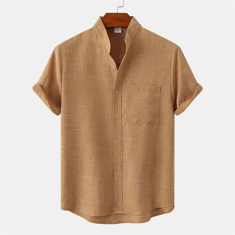 Summer Men's Button Plain Short Sleeve Cotton Shirt With Pocket
