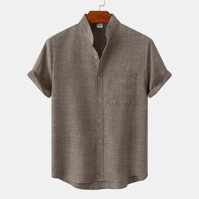 Summer Men's Button Plain Short Sleeve Cotton Shirt With Pocket