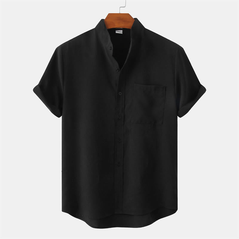 Summer Men's Button Plain Short Sleeve Cotton Shirt With Pocket