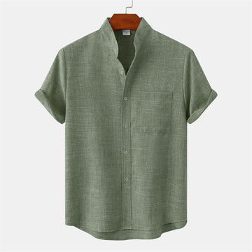 Summer Men's Button Plain Short Sleeve Cotton Shirt With Pocket