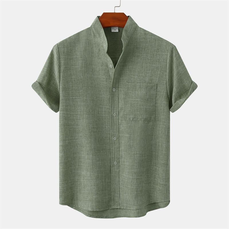 Summer Men's Button Plain Short Sleeve Cotton Shirt With Pocket