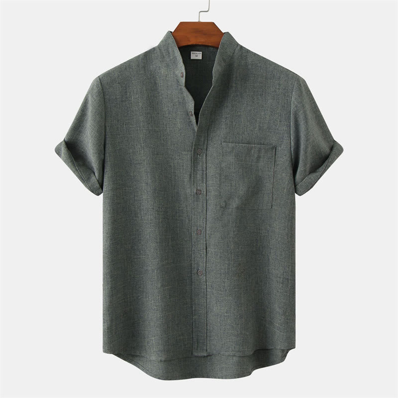 Summer Men's Button Plain Short Sleeve Cotton Shirt With Pocket