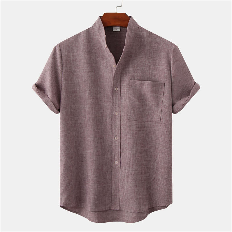 Summer Men's Button Plain Short Sleeve Cotton Shirt With Pocket