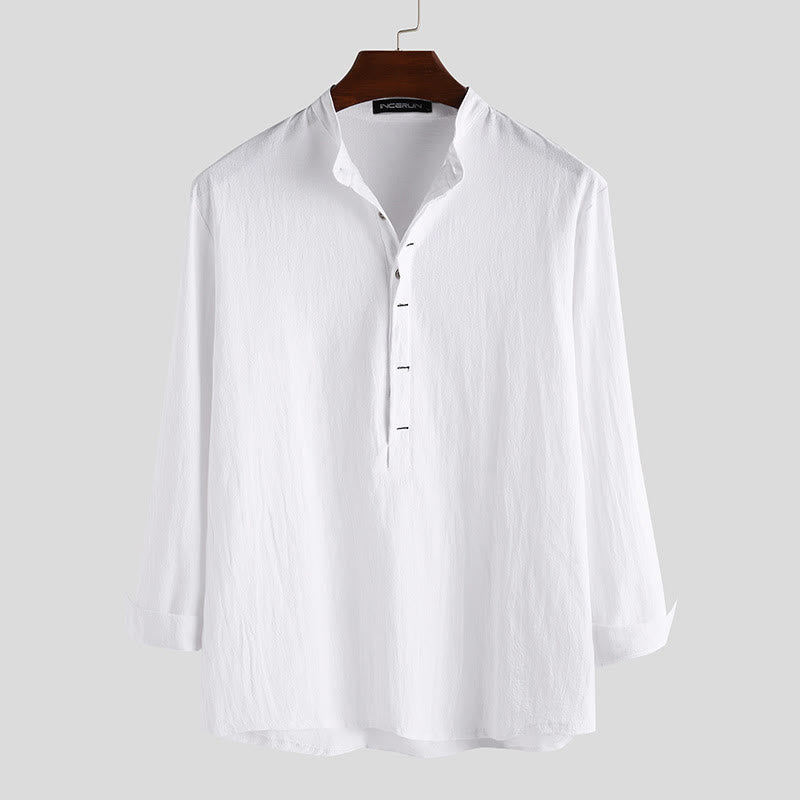 Solid Color Half Buttons Long Sleeve Cotton Linen Men's Shirts
