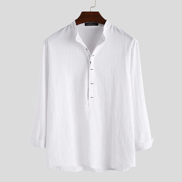 Solid Color Half Buttons Long Sleeve Cotton Linen Men's Shirts