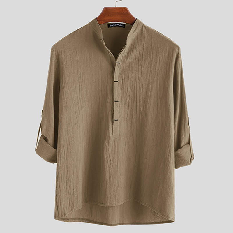 Solid Color Half Buttons Long Sleeve Cotton Linen Men's Shirts