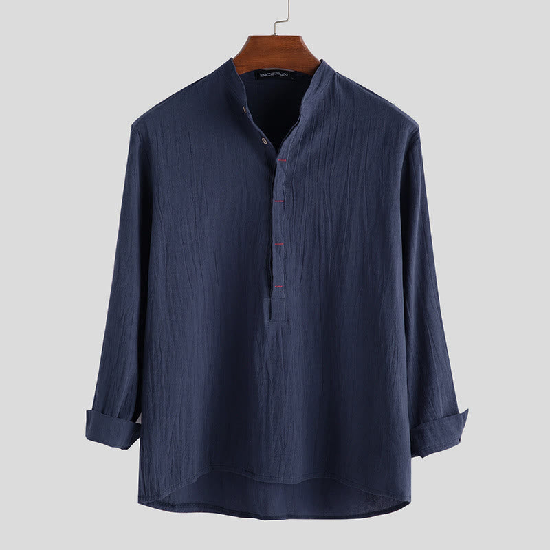 Solid Color Half Buttons Long Sleeve Cotton Linen Men's Shirts