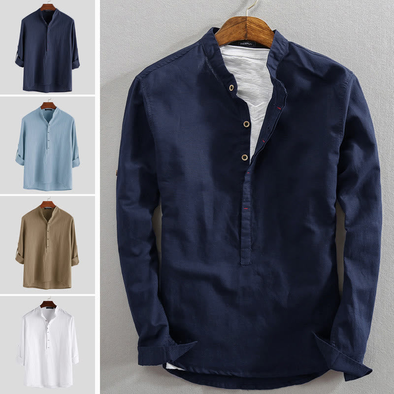 Solid Color Half Buttons Long Sleeve Cotton Linen Men's Shirts